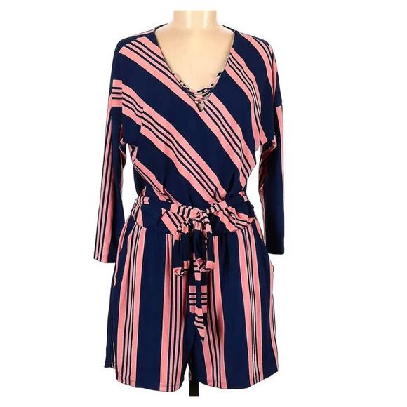 Market & Spruce Multicolored Striped Romper Size Small Petite Blue Pink - Picture 1 of 9